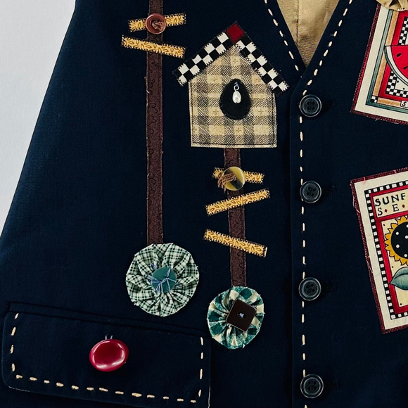 LAGENLOOK GARDEN Navy PATCHWORK Cottage Core FOLK ART Embellished Vest WOMENS M - Picture 3 of 5